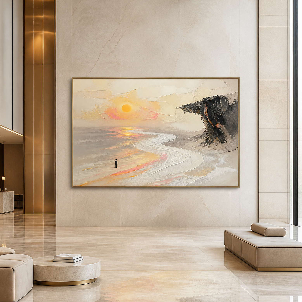Dramatic sunset and cliff wall art displayed in an upscale hotel lobby.