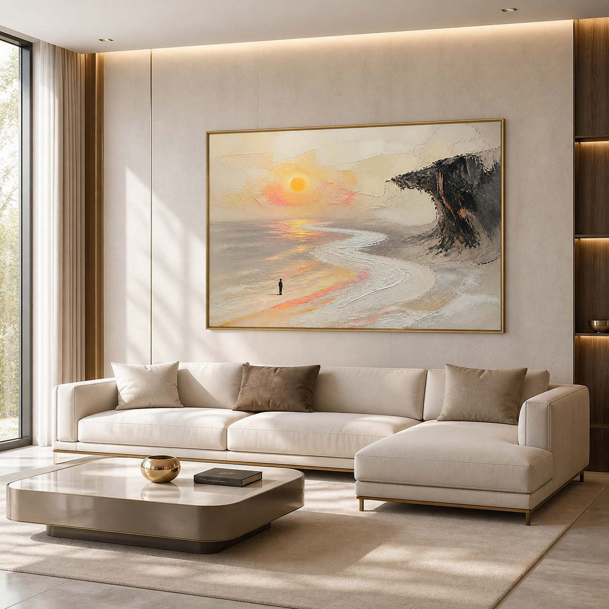 Textured sunset landscape wall art displayed in a modern luxury living room.