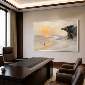 Horizontal abstract landscape wall art displayed in a modern private office.