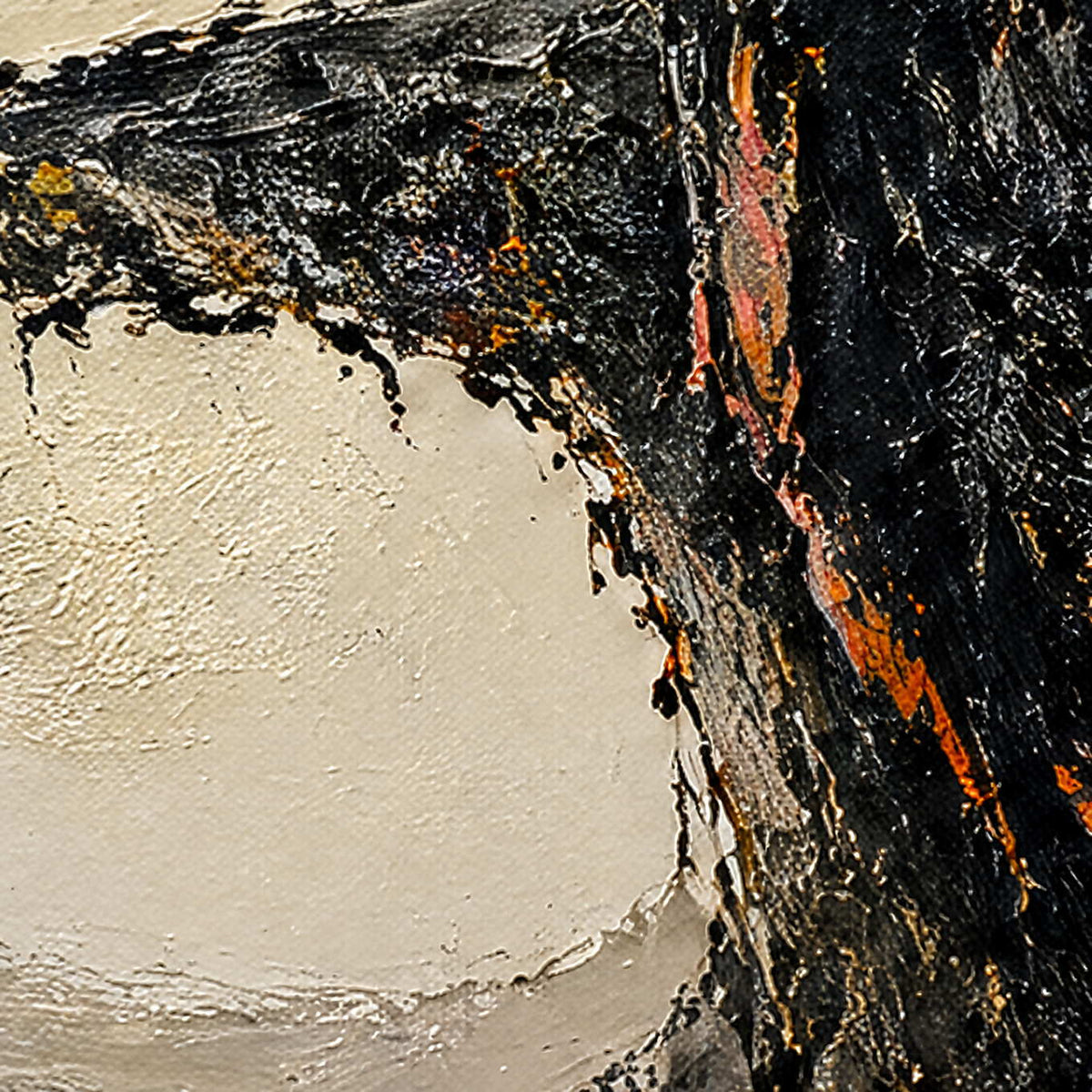 Close-up of thick charcoal, orange, ivory, and sand palette-knife texture.