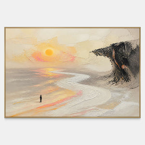 Hand-painted landscape wall art with a lone figure, amber sun, pale shore, and charcoal cliff.