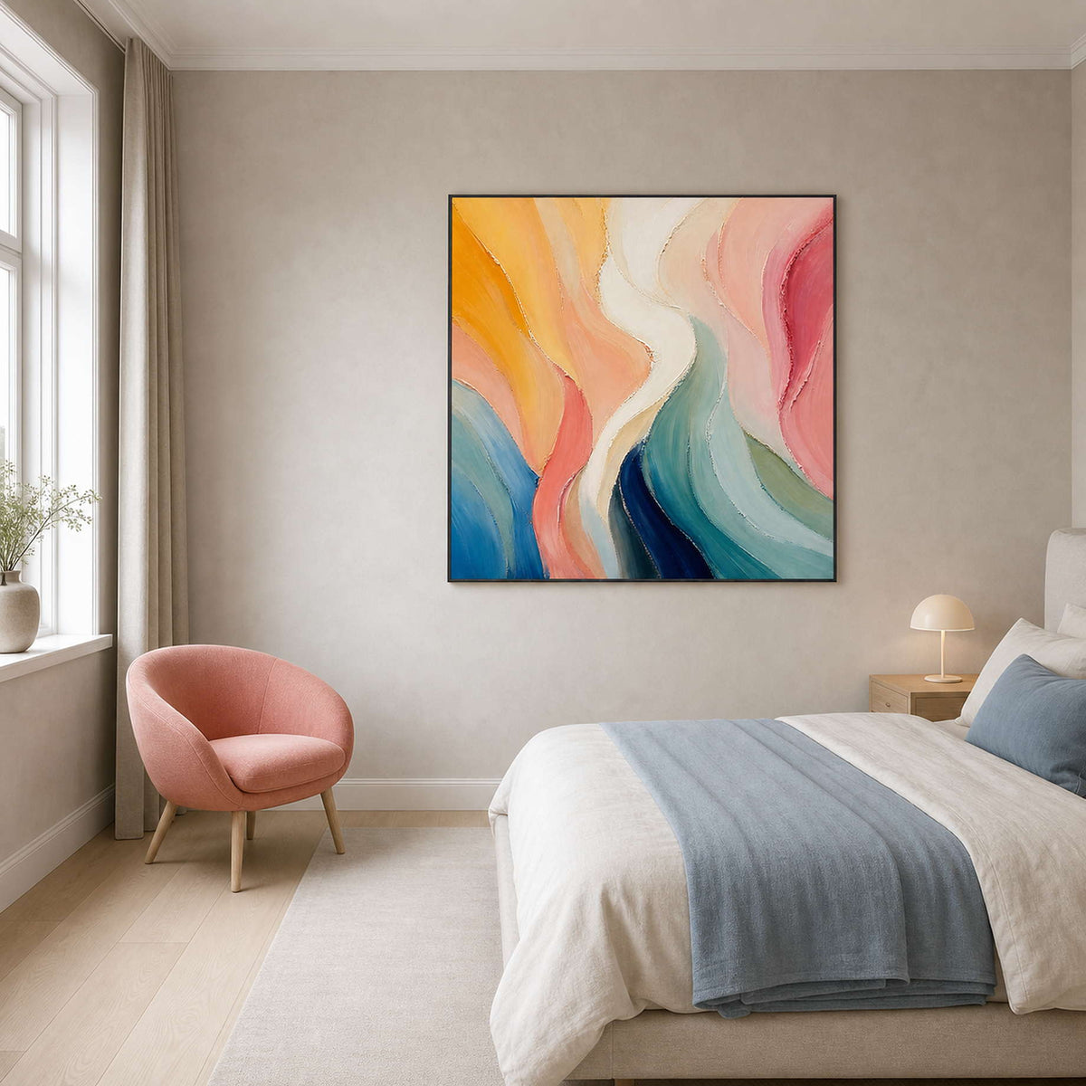 Soft colorful abstract painting styled above a Copenhagen bedroom.