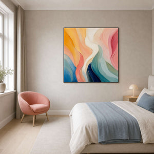 Soft colorful abstract painting styled above a Copenhagen bedroom.