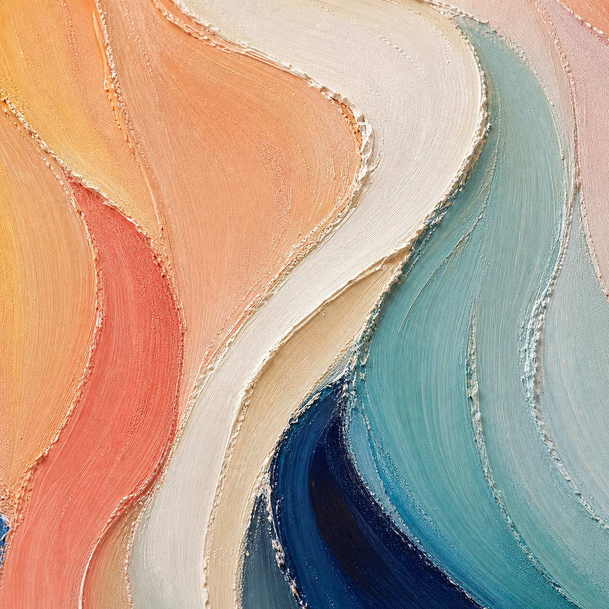 Close-up of raised peach, coral, ivory, seafoam, and blue curves.