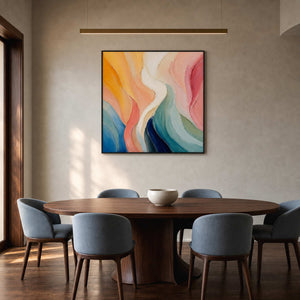 Peach and blue abstract wall art in a Melbourne dining room.
