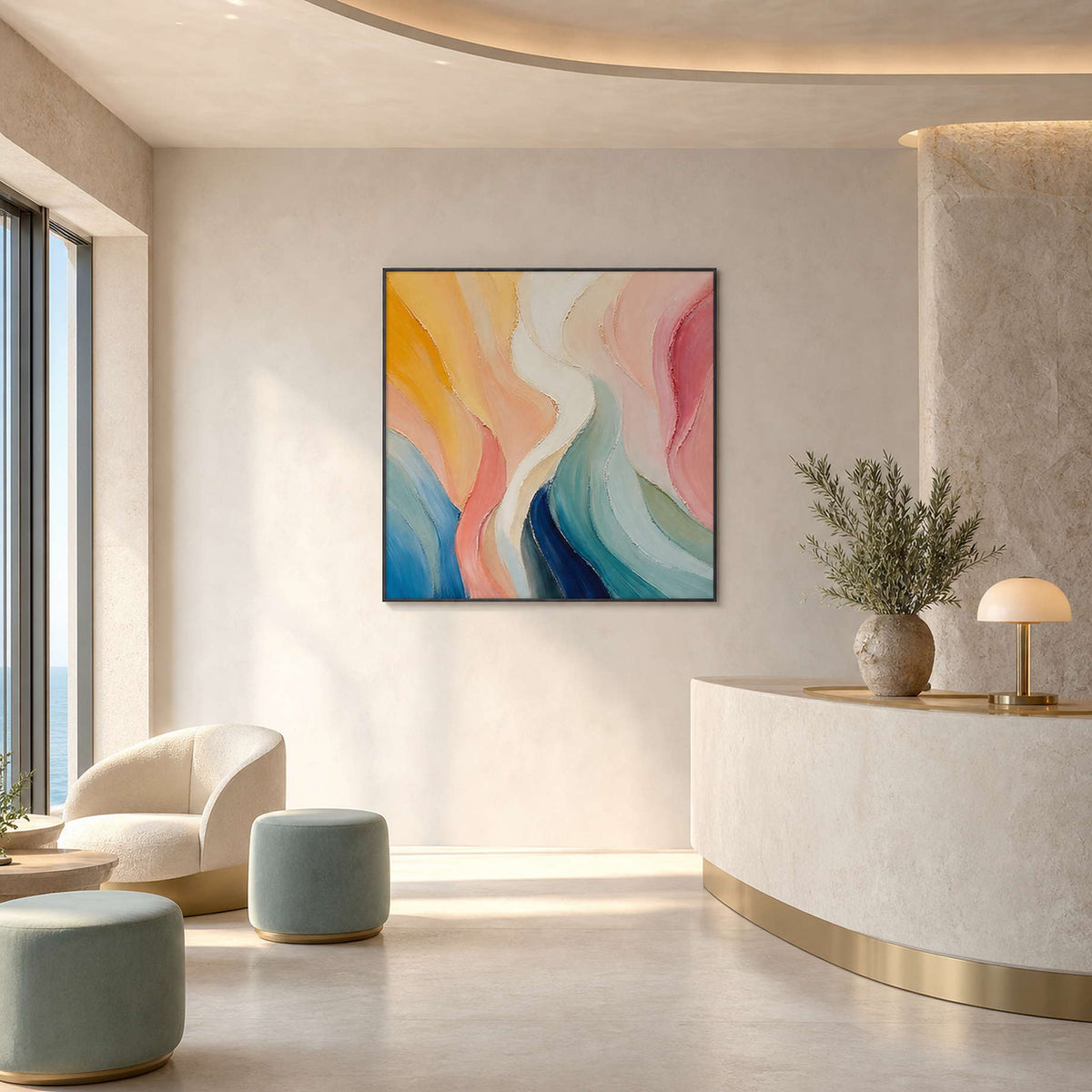 Square pastel wall art displayed in a South of France hotel lobby.