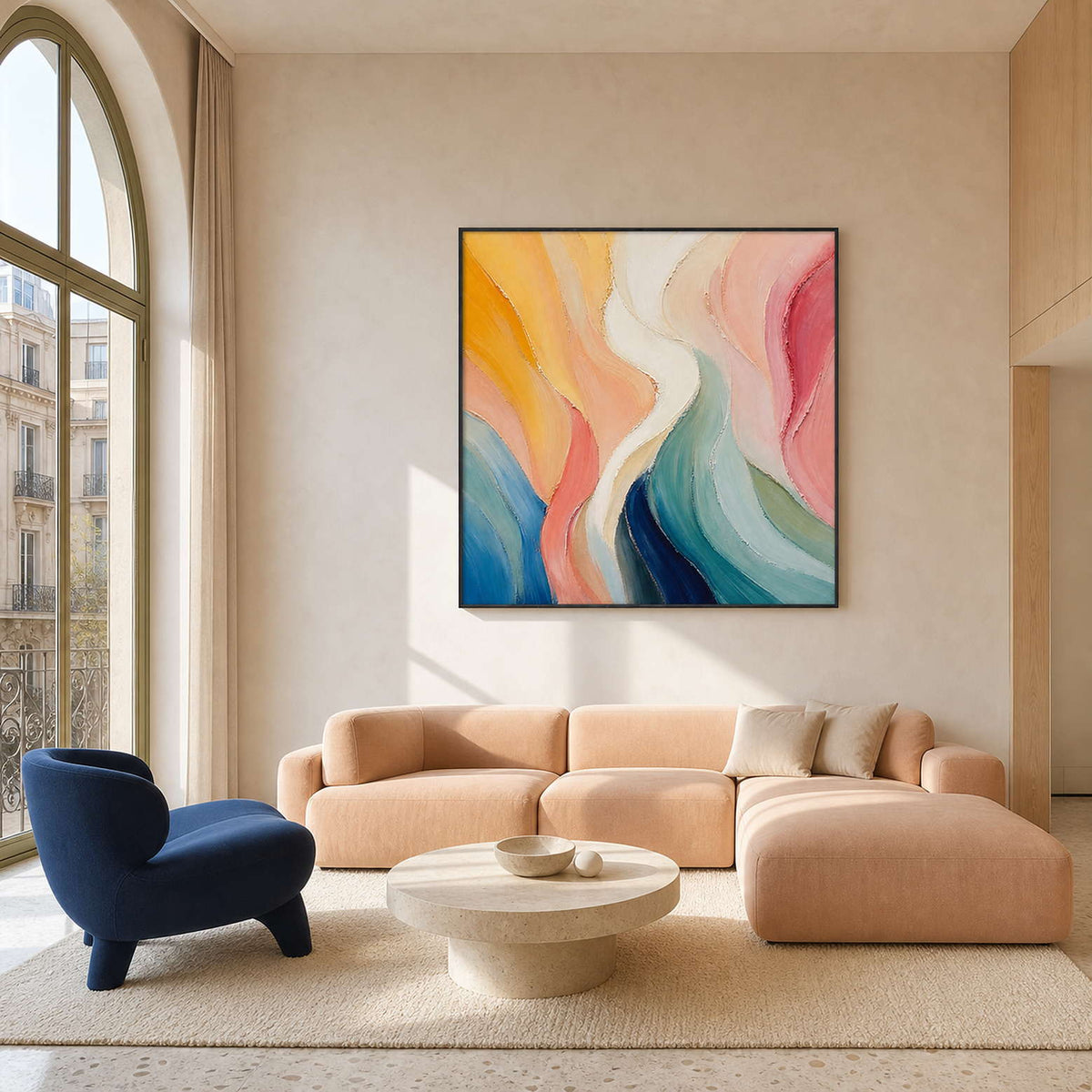 Textured abstract wall art displayed in a sunny Barcelona living room.