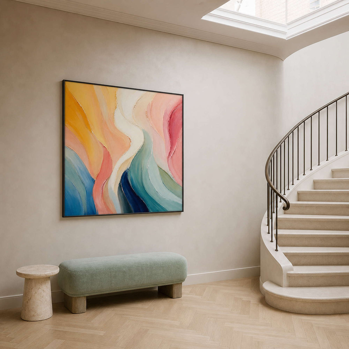 Square abstract wall art styled on a London townhouse stair landing.