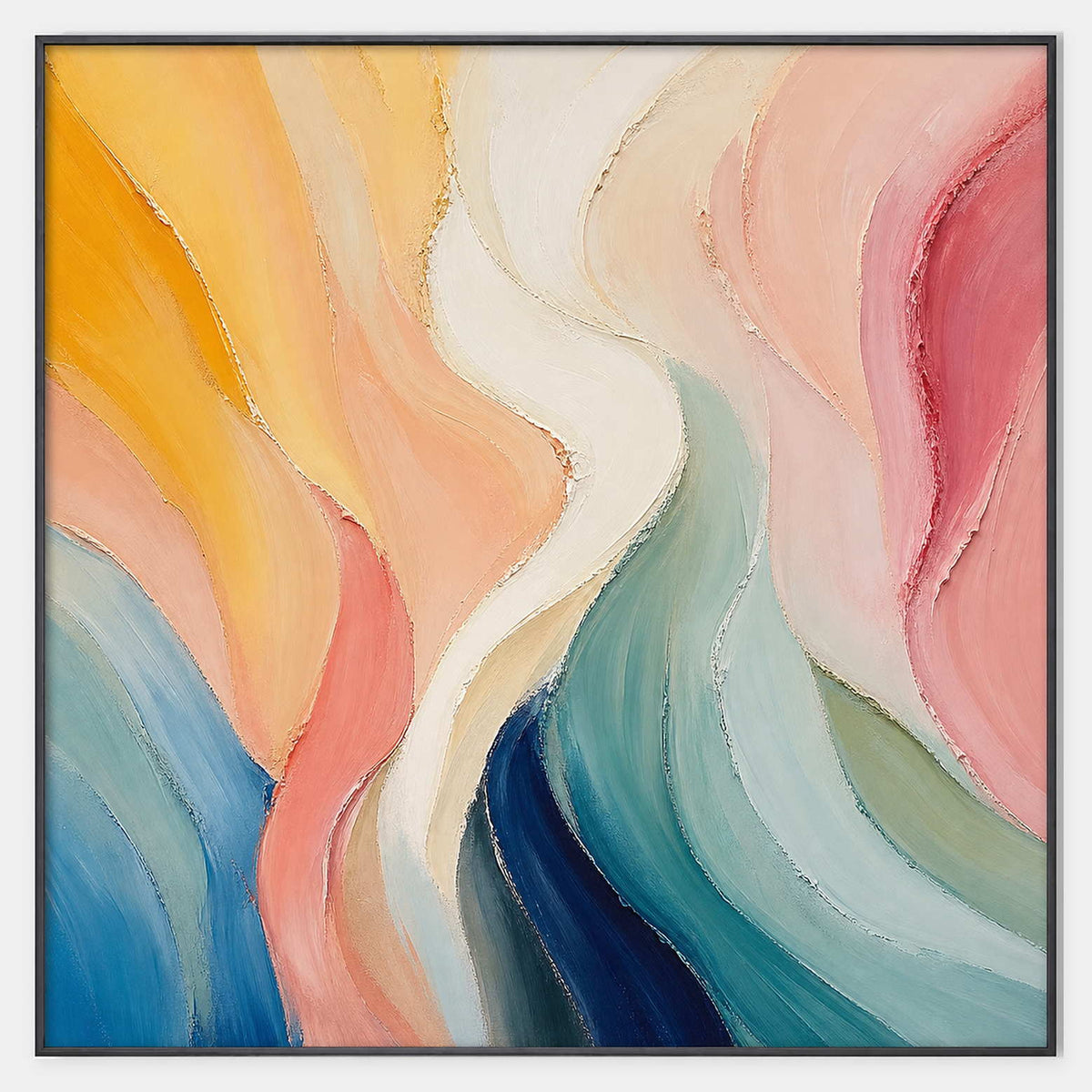 Hand-painted abstract canvas in peach, blush, yellow, seafoam, and blue.