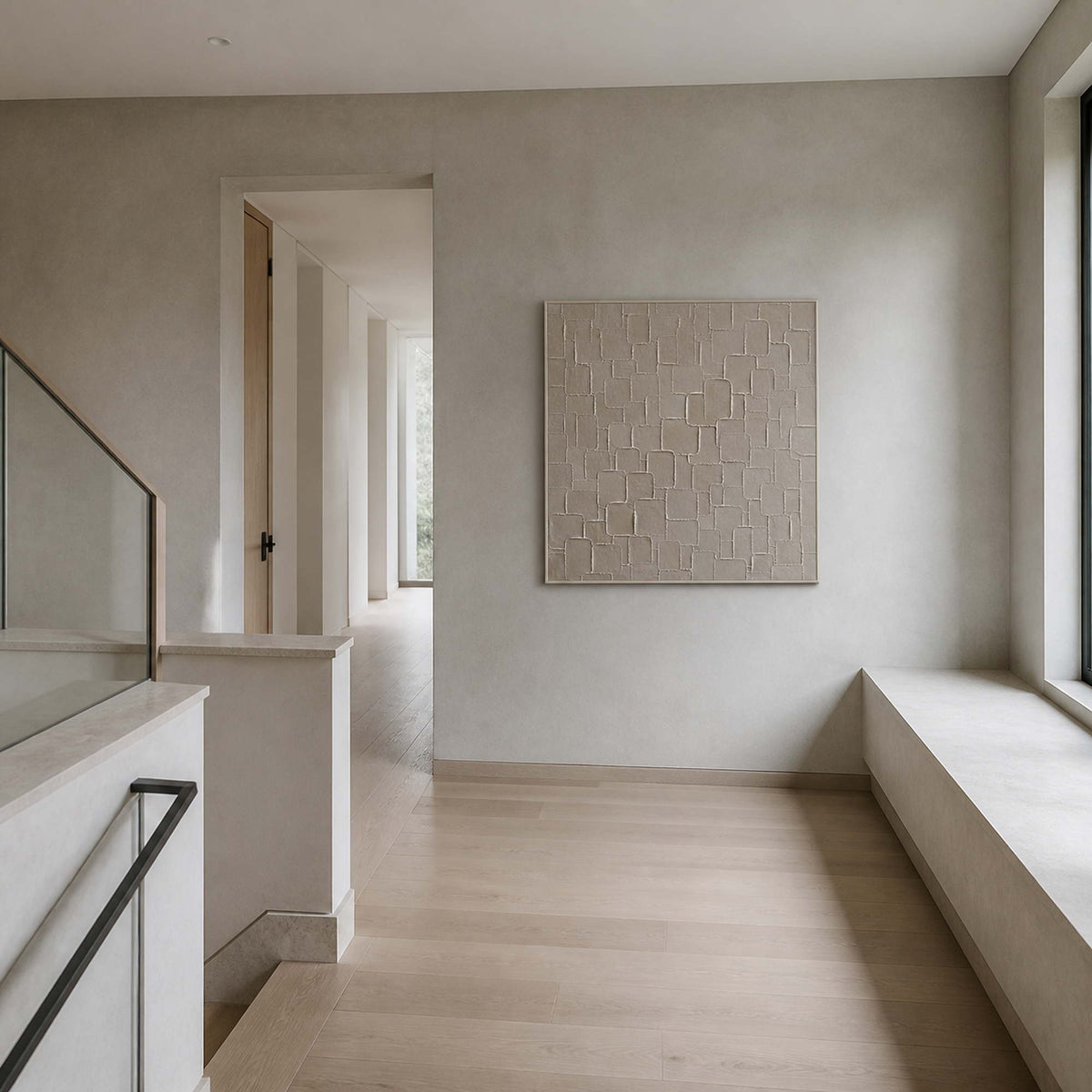 Minimalist ivory wall art displayed on a gray-green mineral stair landing.