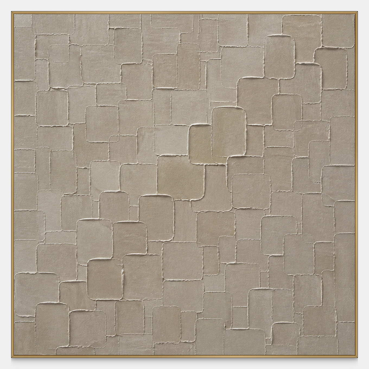 Square neutral abstract painting made of layered ivory and gray blocks.