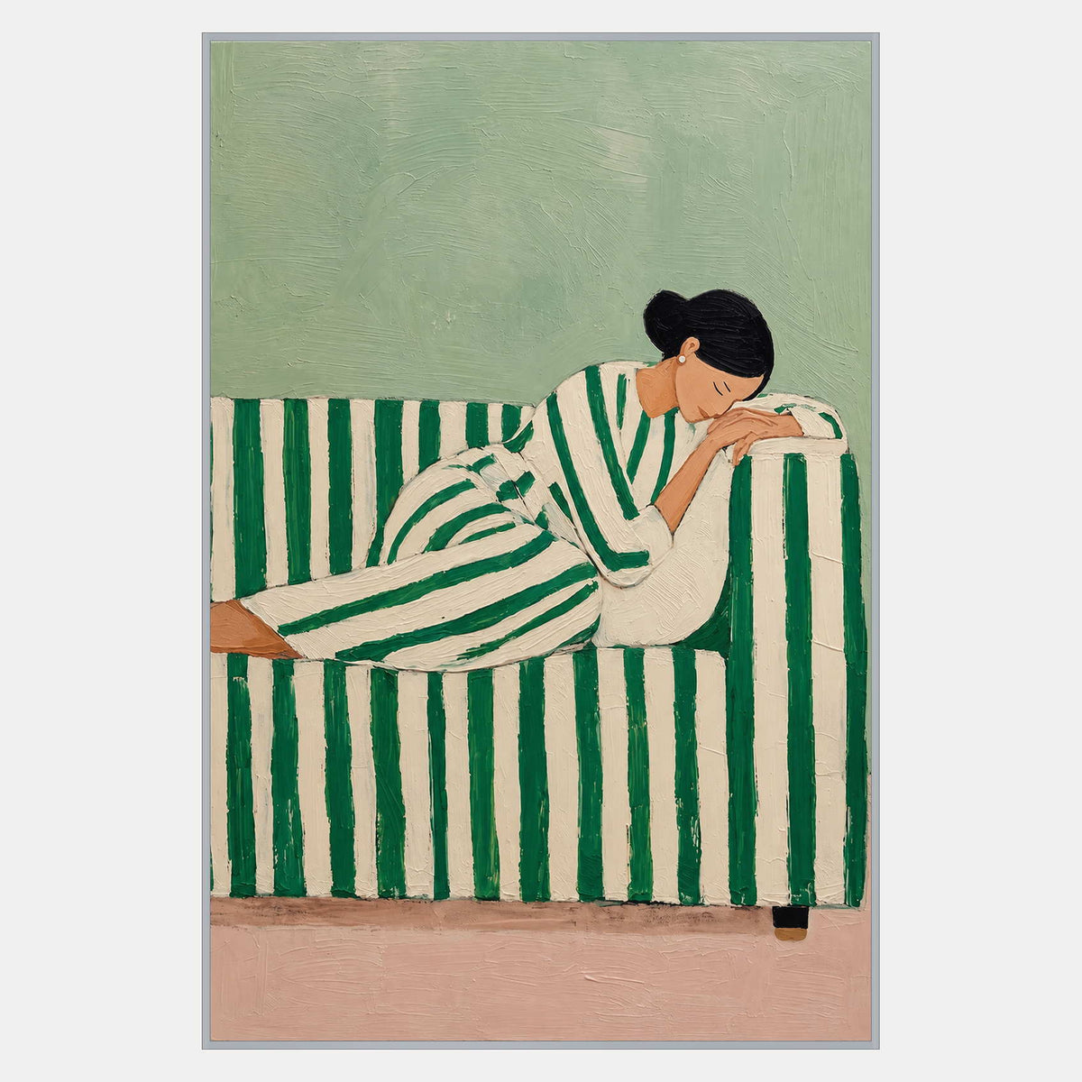 Reclining figure in green-and-cream stripes resting on a matching sofa beneath a pale green background.