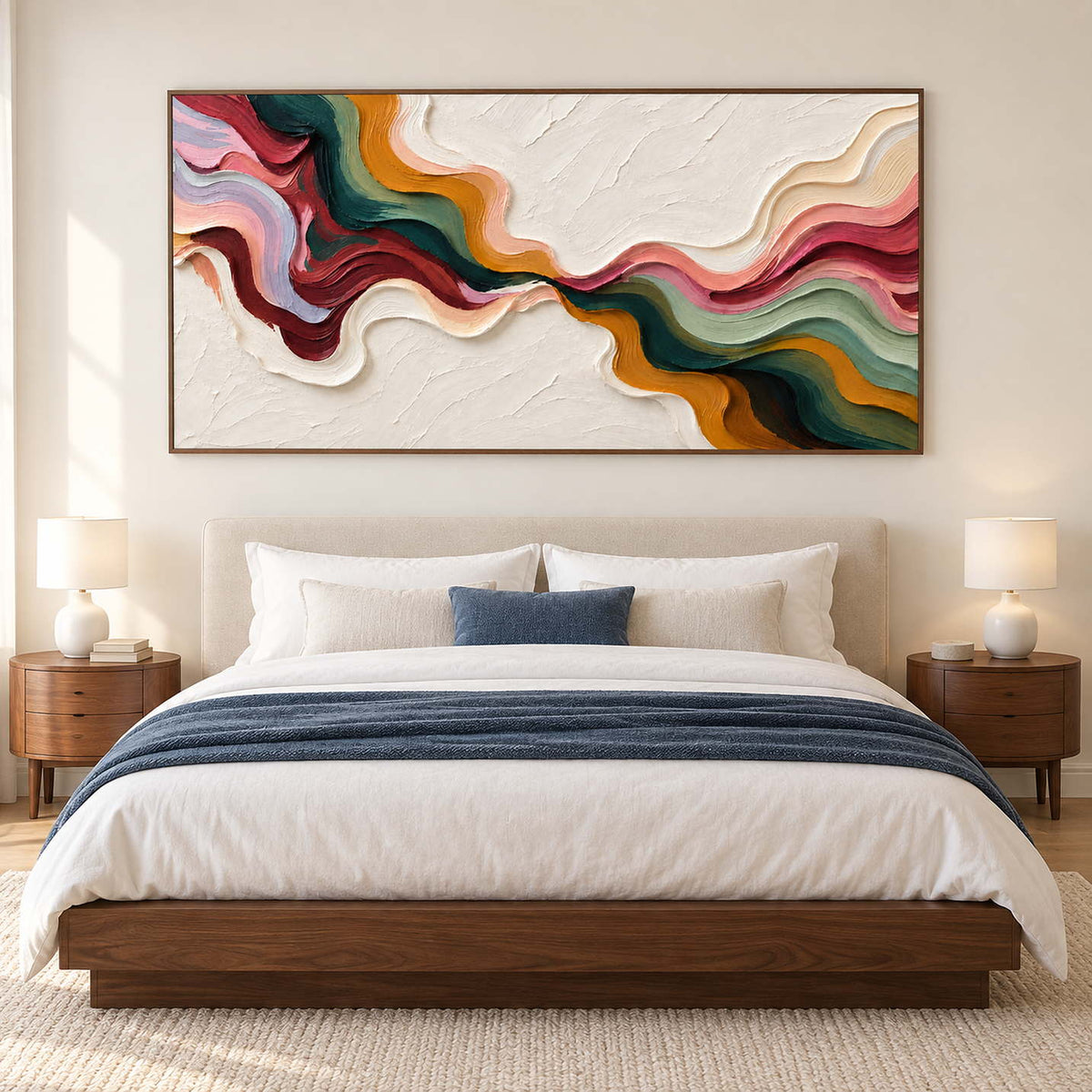 Curving color artwork above a bed with white bedding and a blue throw.