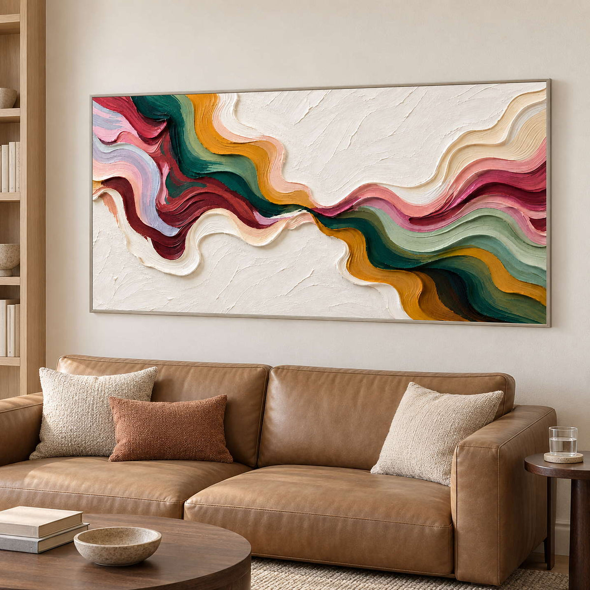 Flowing-color artwork above a tan sofa beside bookshelves.
