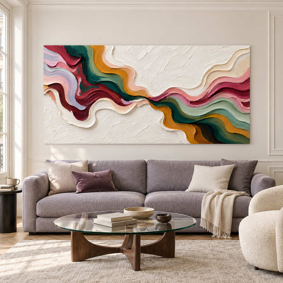 Diagonal color-flow painting over a gray sofa and glass coffee table.