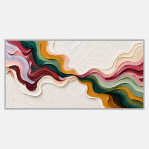 Horizontal abstract with green, ochre, rose, and burgundy wavy bands crossing diagonally through textured white space.