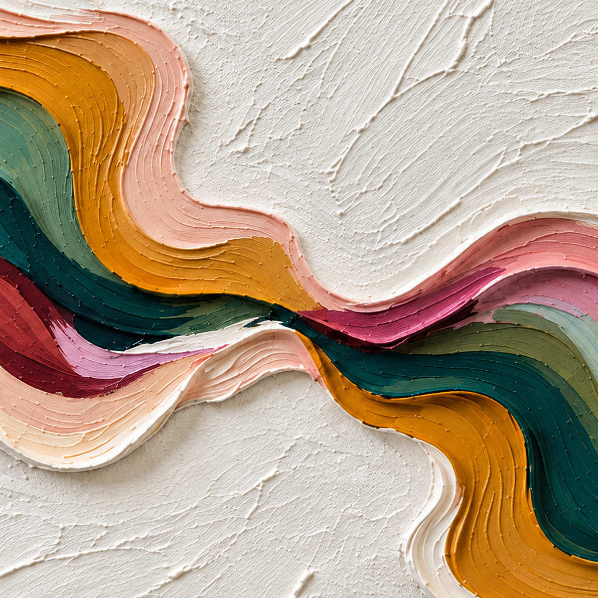 Close-up of the central meeting of green, ochre, pink, and burgundy curves.