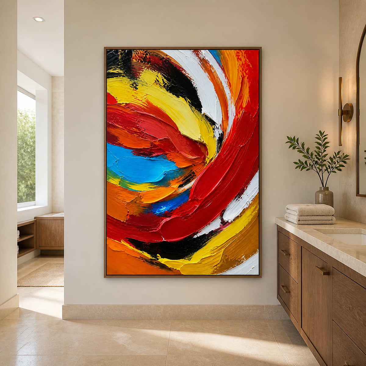 Wood framed colorful abstract painting beside a stone vanity in a bathroom.