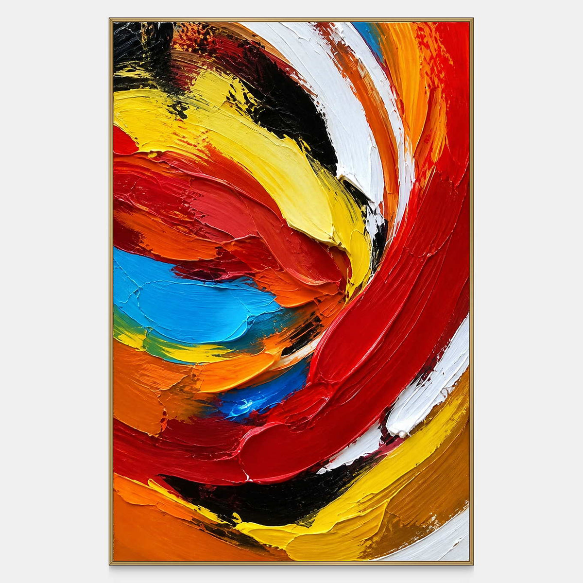 Vertical abstract painting with thick red, yellow, blue, and white swirling strokes.
