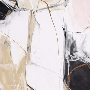 Close view of fine intersecting lines over white, blush, beige, and black brushwork.