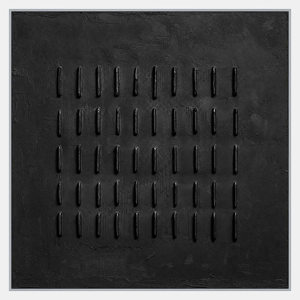 Square monochrome artwork with five rows of short raised black vertical marks on a rough black background.
