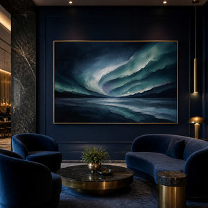 Dramatic blue textured artwork displayed in a boutique hotel lounge.