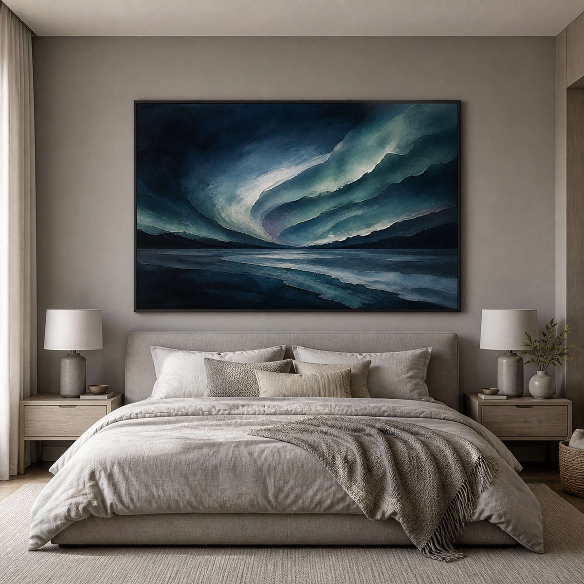 Textured ocean canvas displayed above a mist gray bedroom.