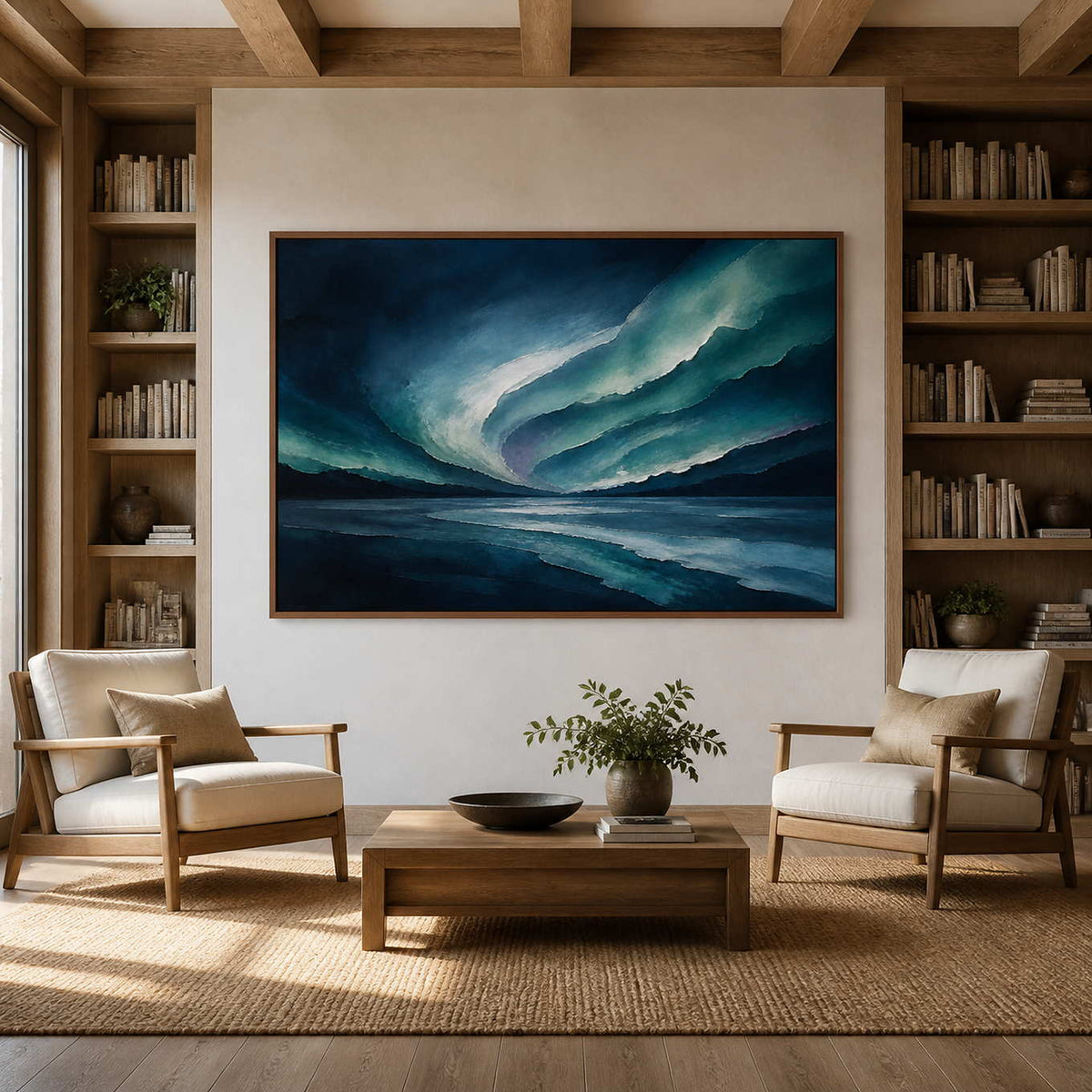 Ocean-inspired wall art displayed in a natural oak reading room.
