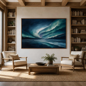 Ocean-inspired wall art displayed in a natural oak reading room.