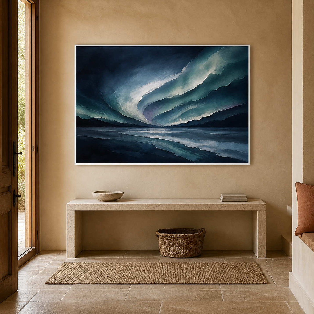 Blue abstract ocean art displayed in a warm sandstone entryway.
