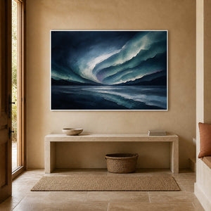 Blue abstract ocean art displayed in a warm sandstone entryway.