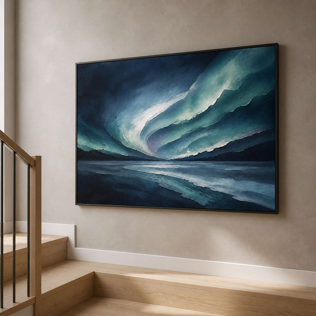 Layered coastal canvas viewed from the side on a stair landing.