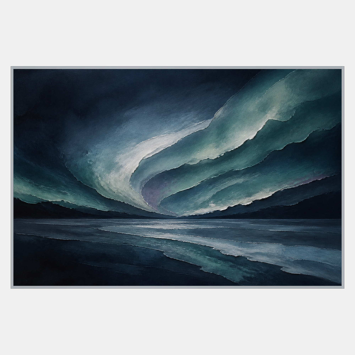 Hand-painted ocean abstraction with sweeping navy, teal, and white layers.