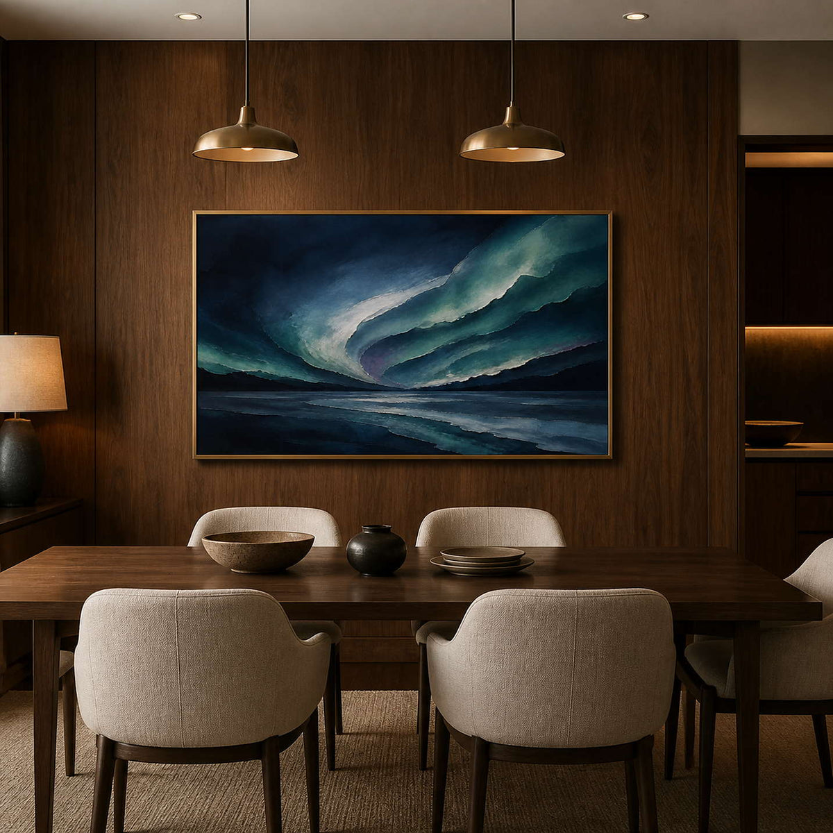 Moody blue coastal artwork displayed in a walnut dining room.