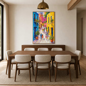 Vibrant European street wall art displayed in a warm modern dining room.