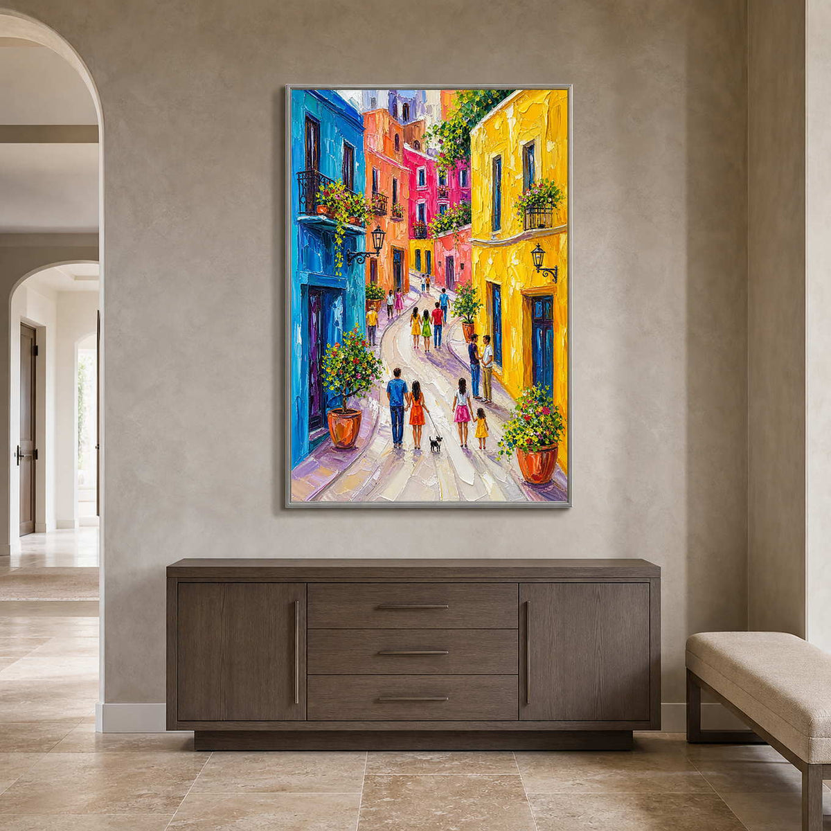 Vertical colorful street art creating a cheerful entryway focal point.