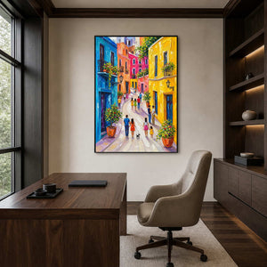 Colorful textured city wall art displayed in a dark wood office.