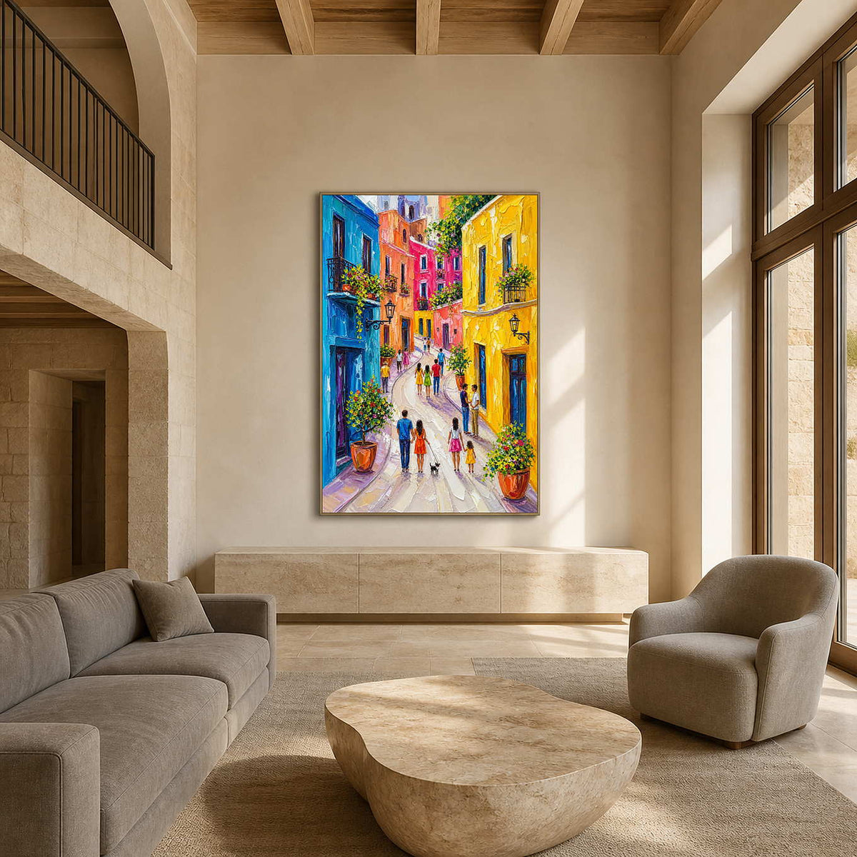Vertical Mediterranean street wall art displayed in a spacious neutral living room.