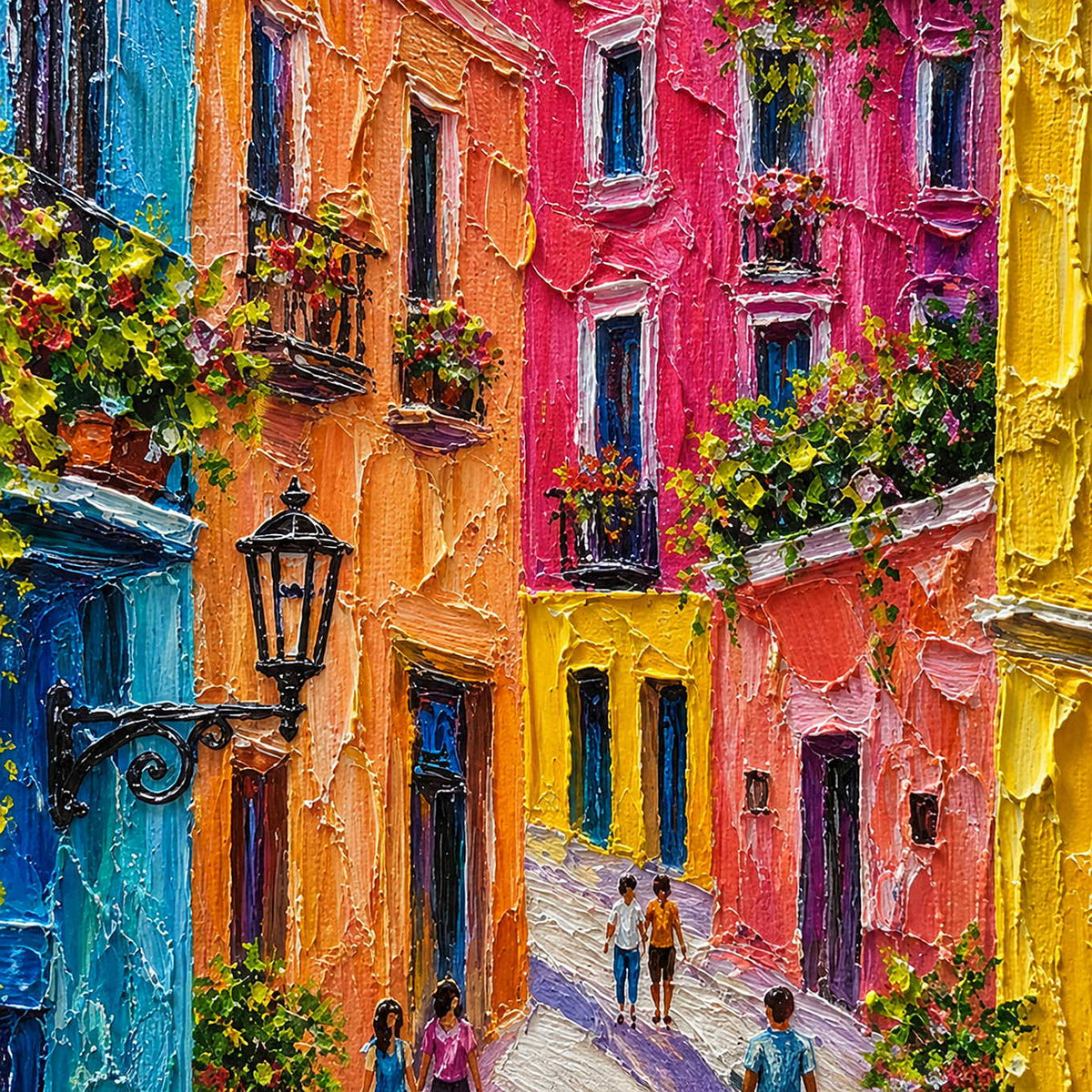 Close-up of thick palette-knife texture across colorful façades and greenery.