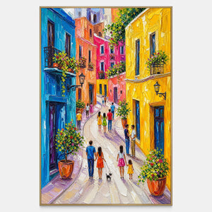 Vertical cityscape wall art of a sunlit colorful street with people and flowered balconies.