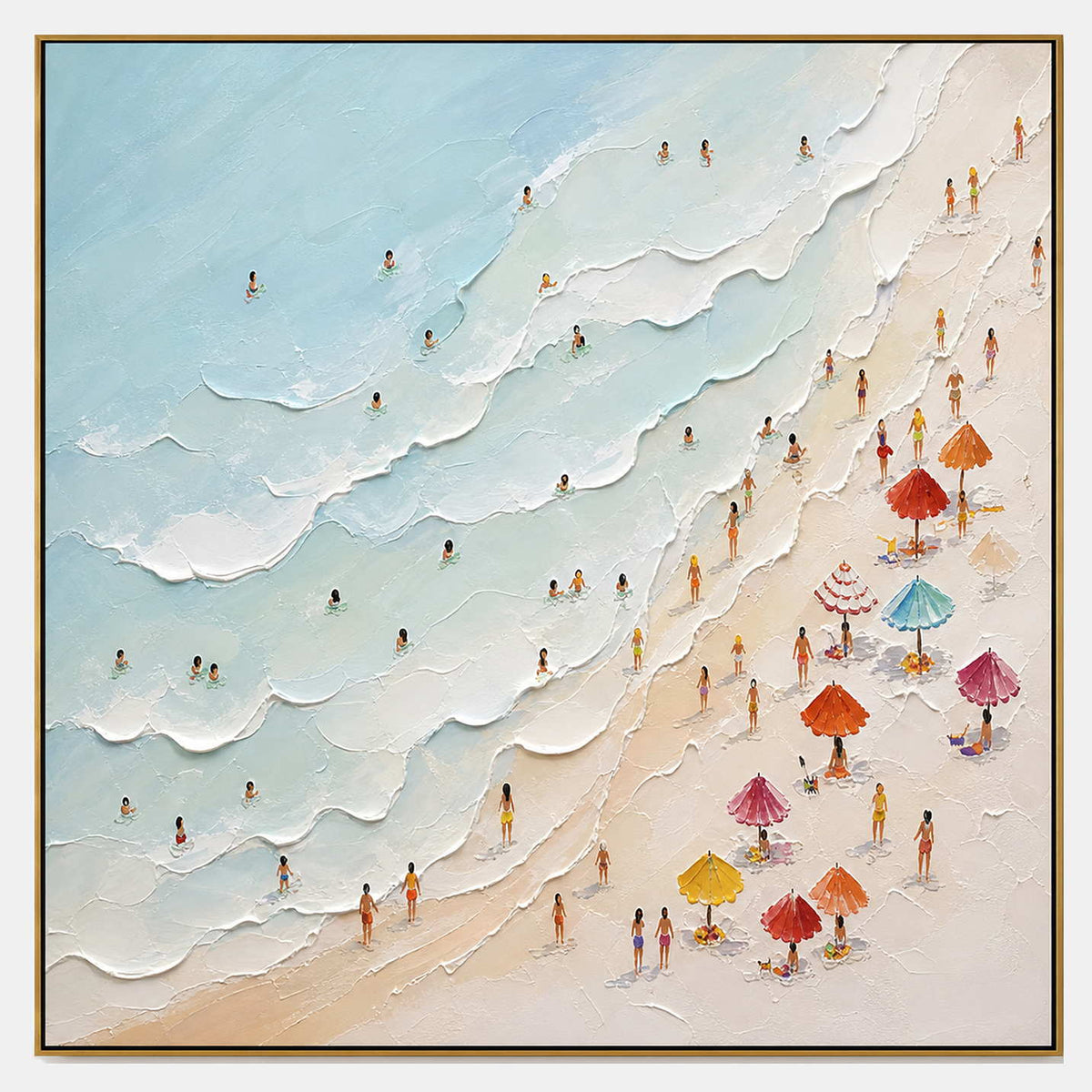 Hand-painted coastal beach wall art with blue, white, and warm tones tones.