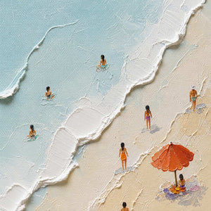 Close-up of raised hand-painted texture in blue, white, and warm tones.