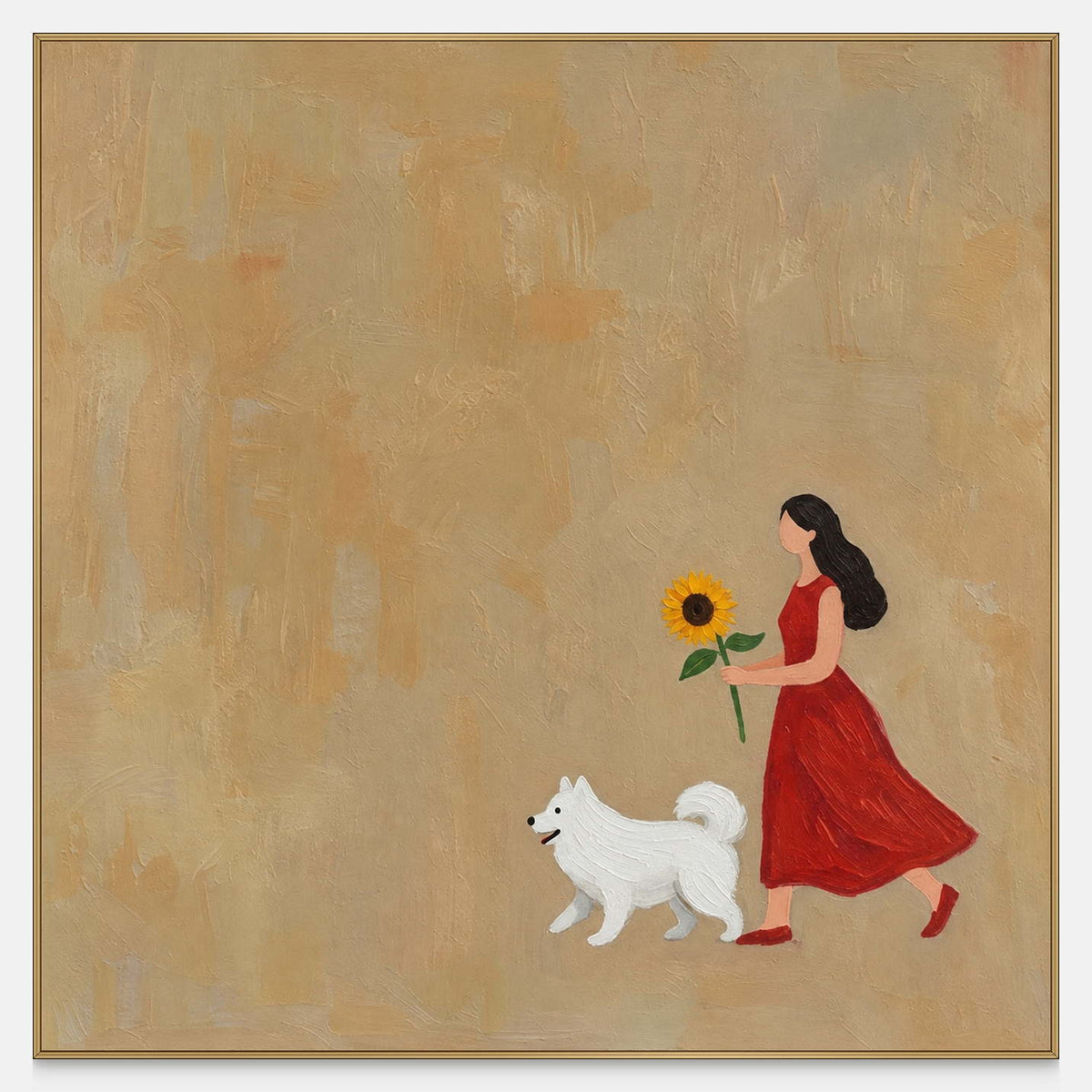 Front view of A Sunny Mood, showing a red-dressed figure carrying a sunflower beside a white dog against an open ochre background.