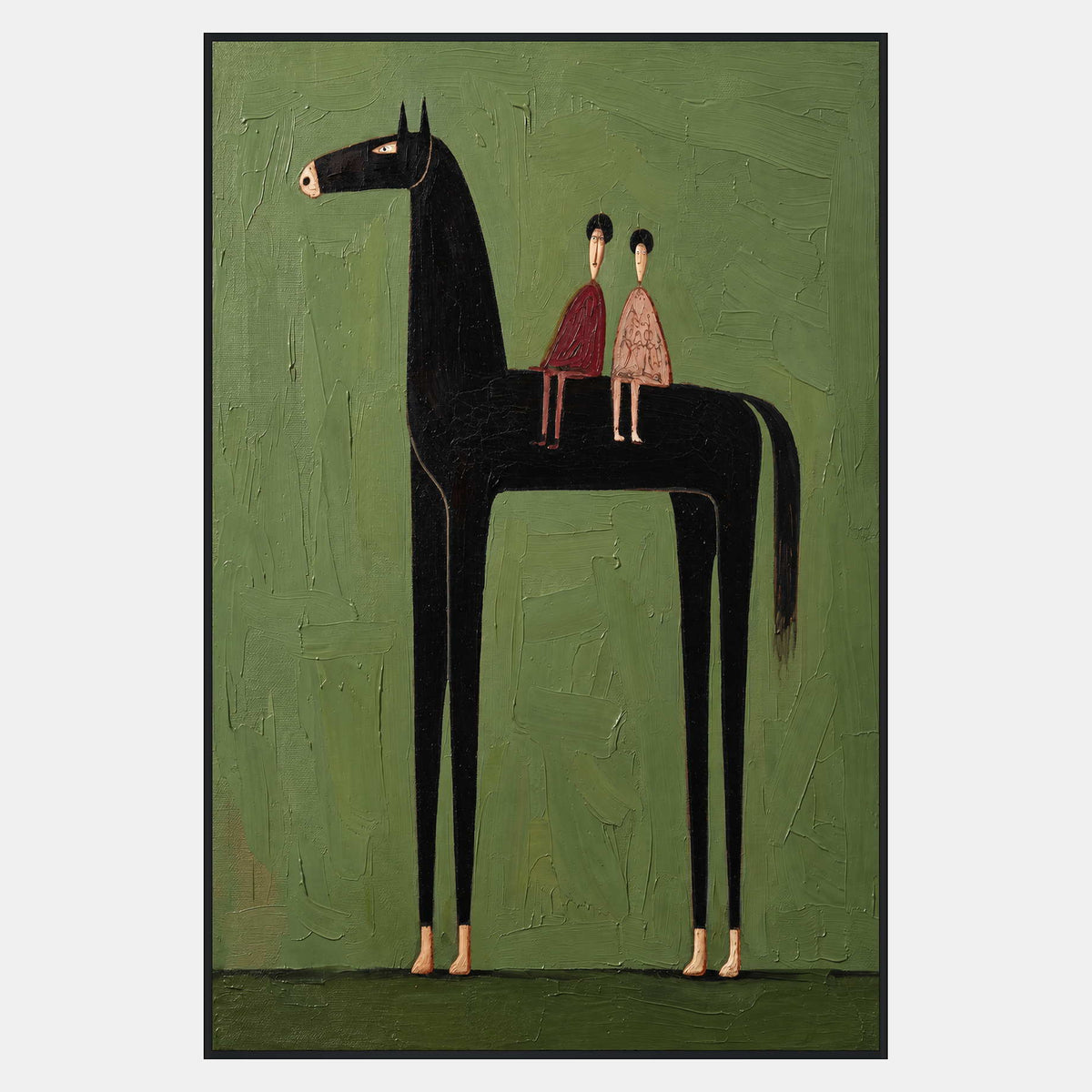 Two small figures in burgundy and peach seated on an elongated black horse against a textured green background.