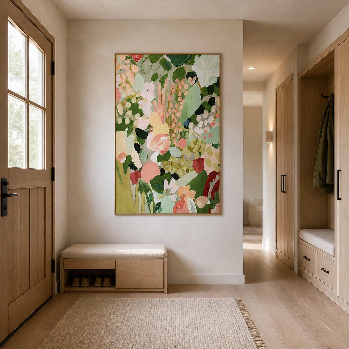 Champagne gold framed botanical painting above a shoe bench in a bright entryway.