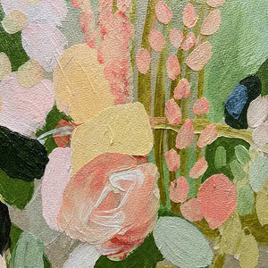 Close view of pink petals, cream brushstrokes and green leaves over visible canvas weave.