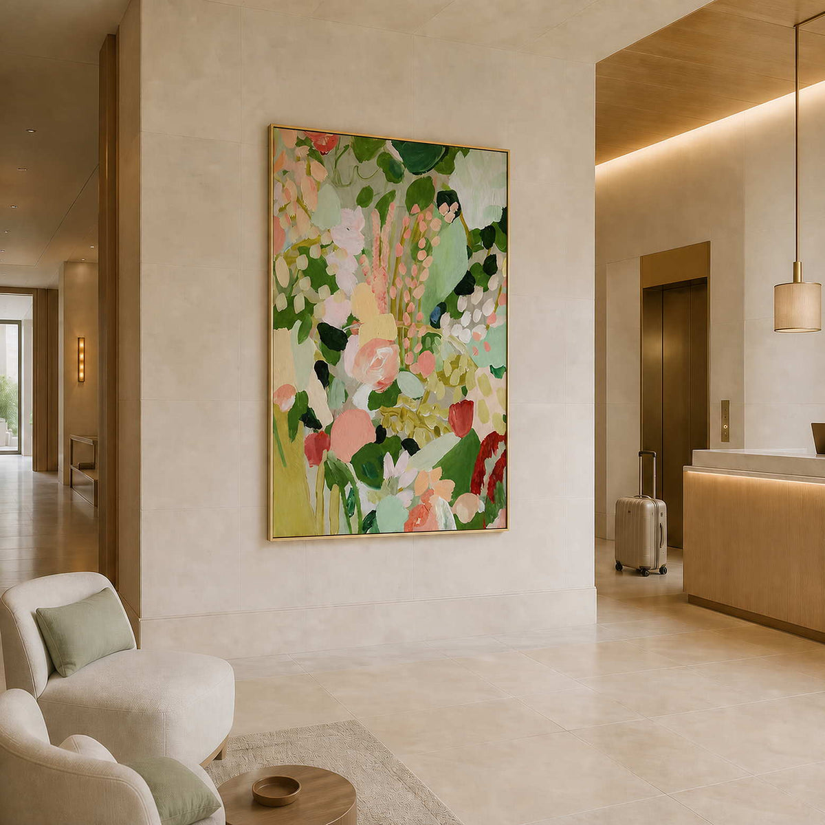 Gold framed botanical artwork beside a hotel reception desk and elevator with suitcase.