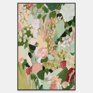 Pink and cream blossoms overlap broad green leaves with small red floral accents.
