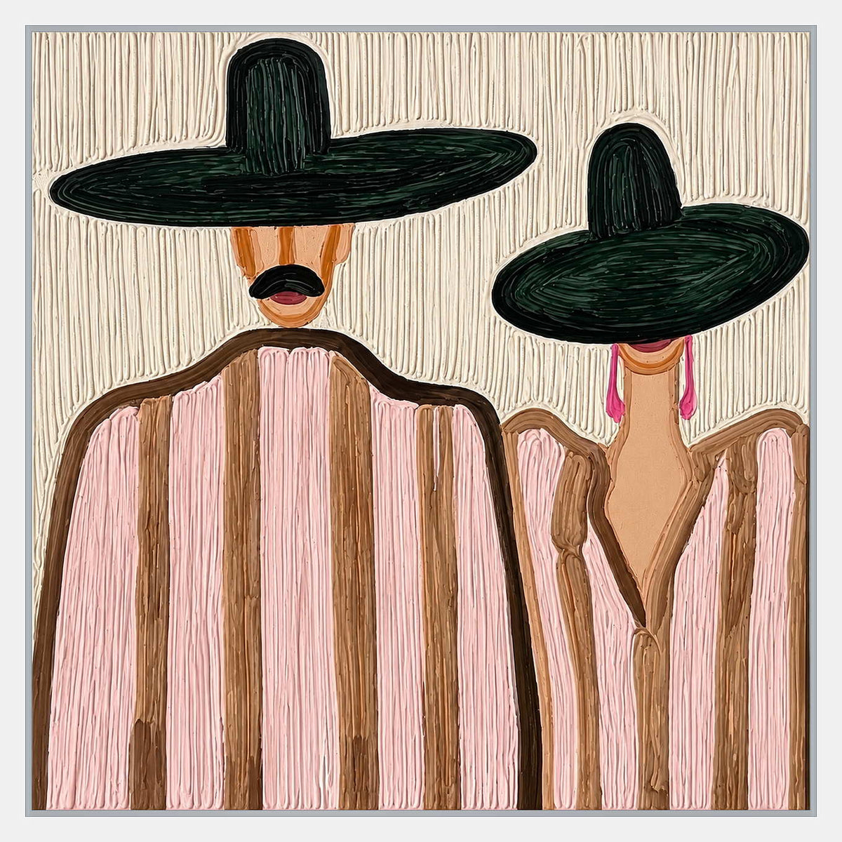 Two figures in dark green broad-brimmed hats and pink-brown striped clothing against a vertically textured cream background.