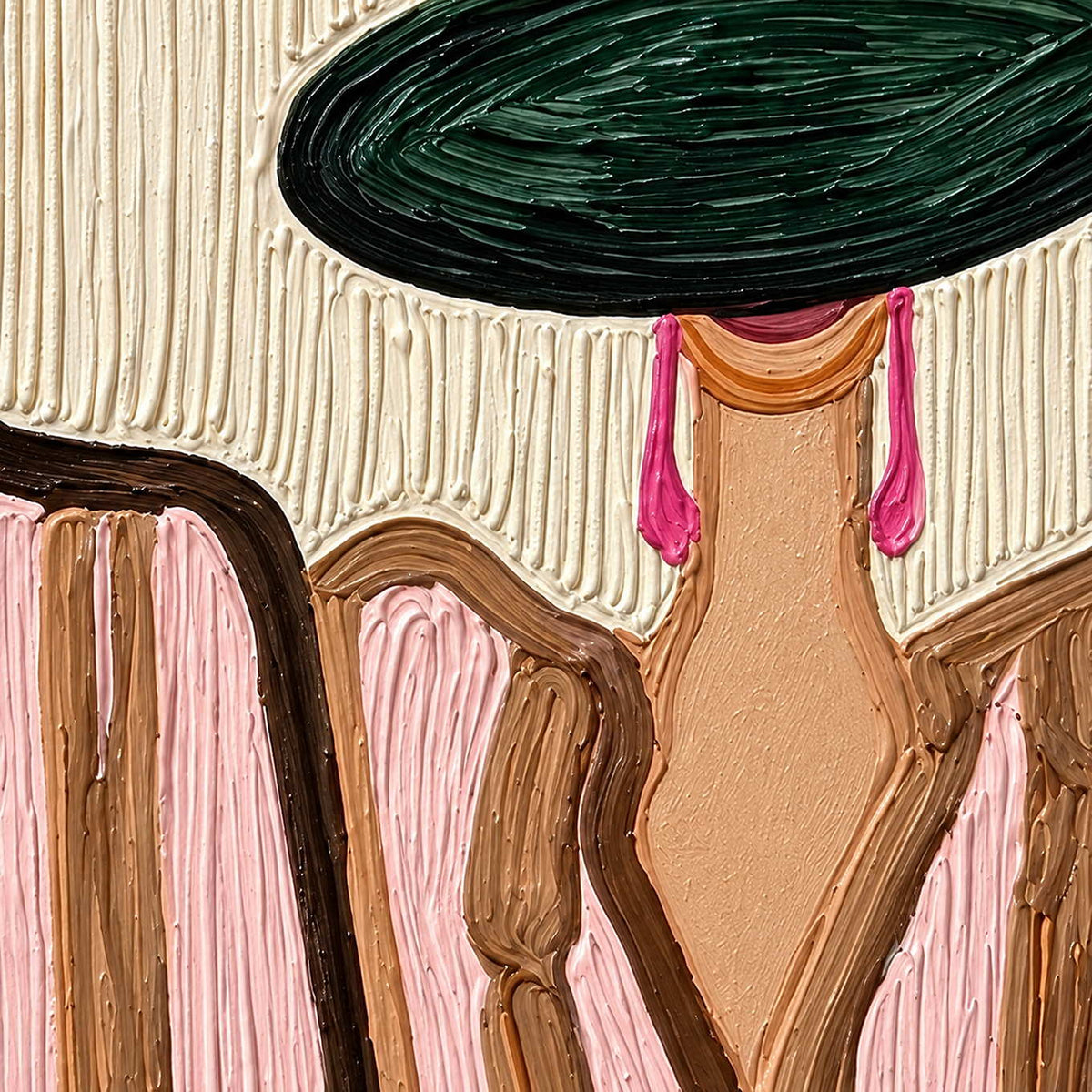 Detail of a green hat, pink earrings, brown neckline, and fine raised grooves across the portrait.
